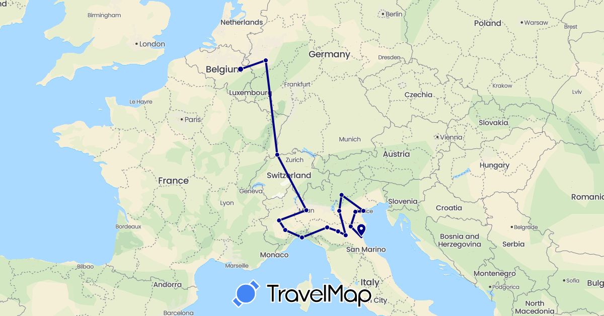 TravelMap itinerary: driving in Belgium, Switzerland, Germany, Italy (Europe)